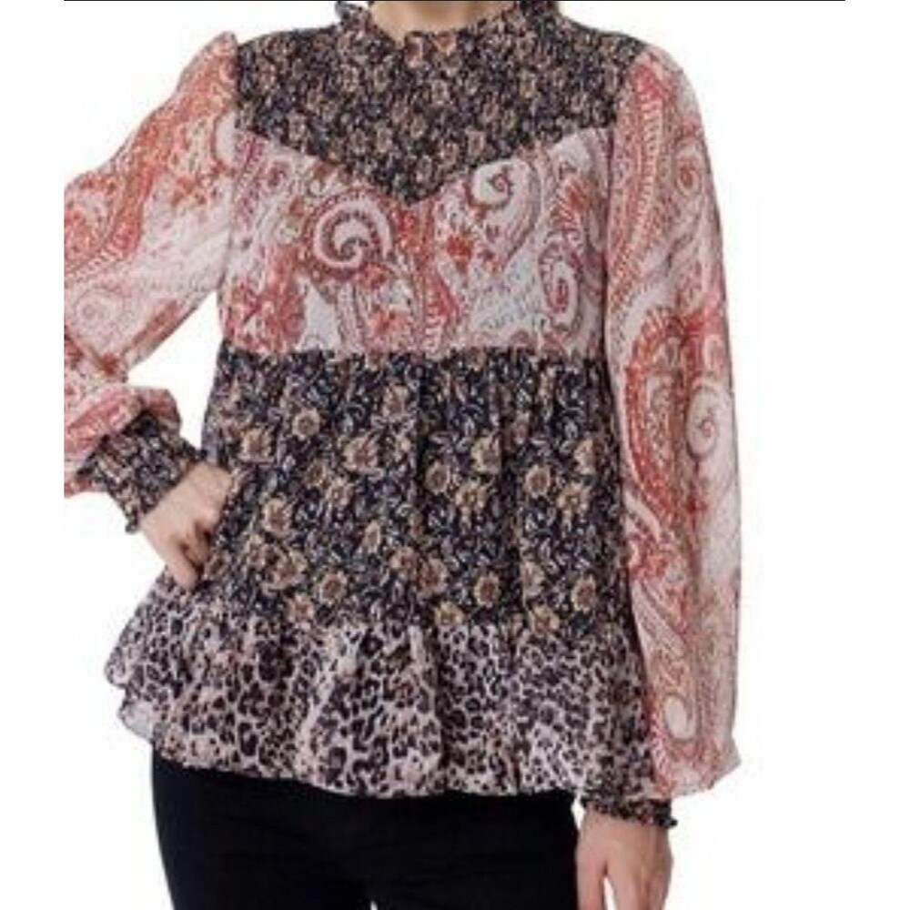 Greige Tiered Patchwork Babydoll Blouse Top Womens Large Boho Smocked Witchy